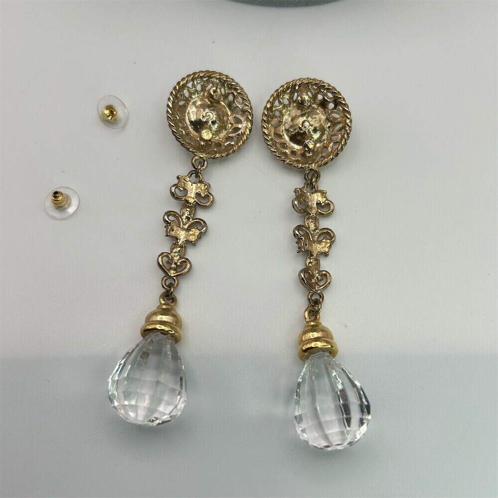 Vintage Inspired Ornate Gold Tone Filigree Long Teardrop Dangle Earrings Sparkle - Picture 5 of 6